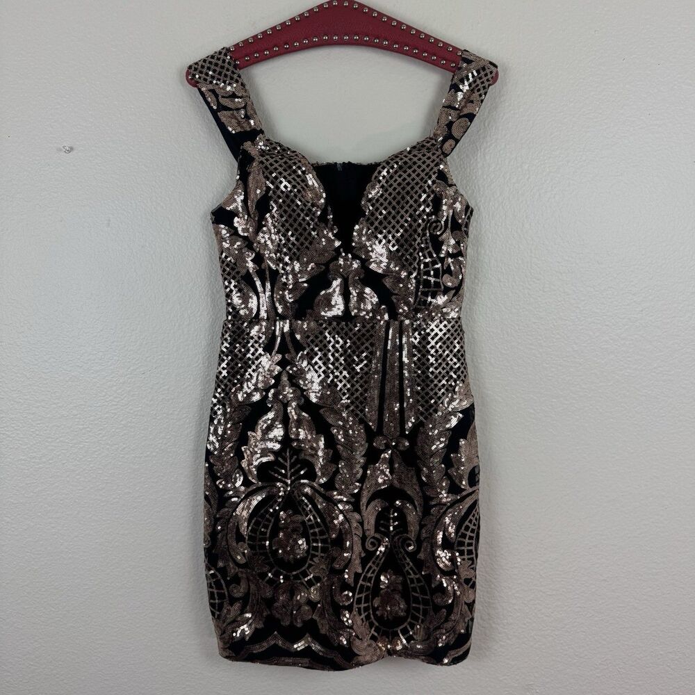 Trac Sleeveless Sequin Bodycon Mini Sheath Cocktail Dress Black Gold Medium